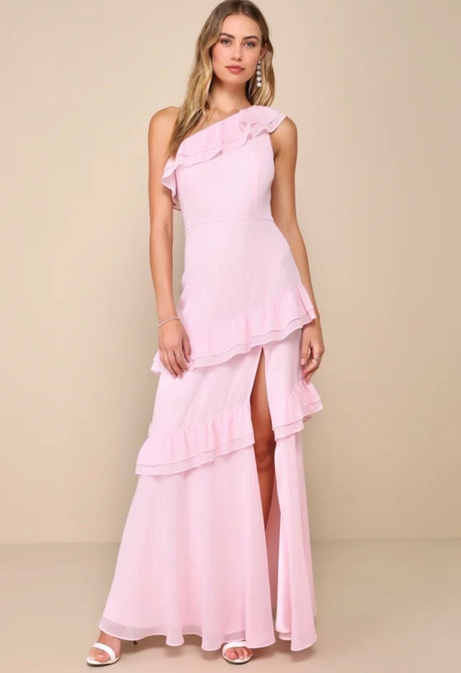 Lulus Brilliant Grace Light Pink Ruffled One-Shoulder Maxi Dress sz S